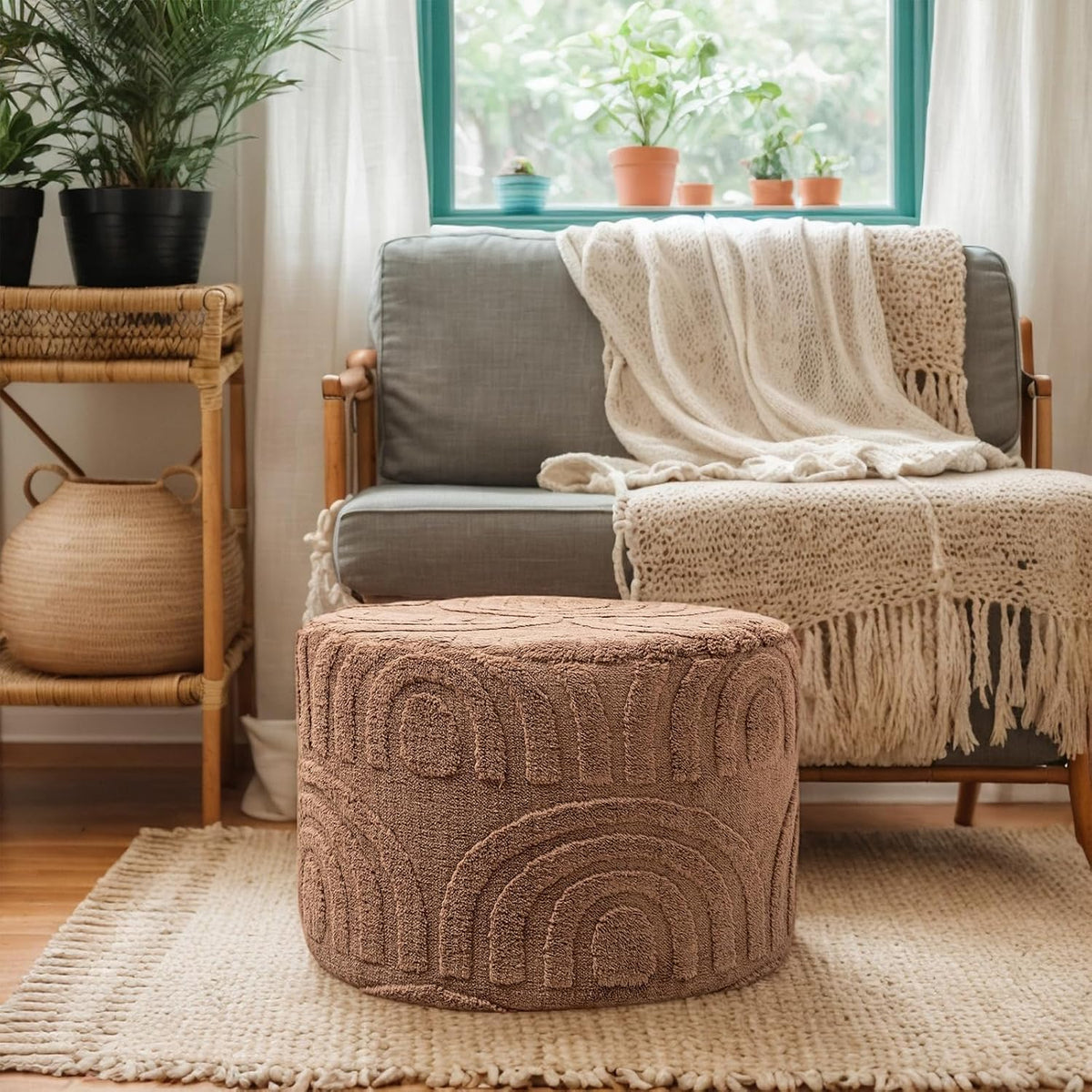 Asuprui Round Ottoman Pouf Foot Stool, Coffee 20x14 in,Sofa Couch Foot Rest