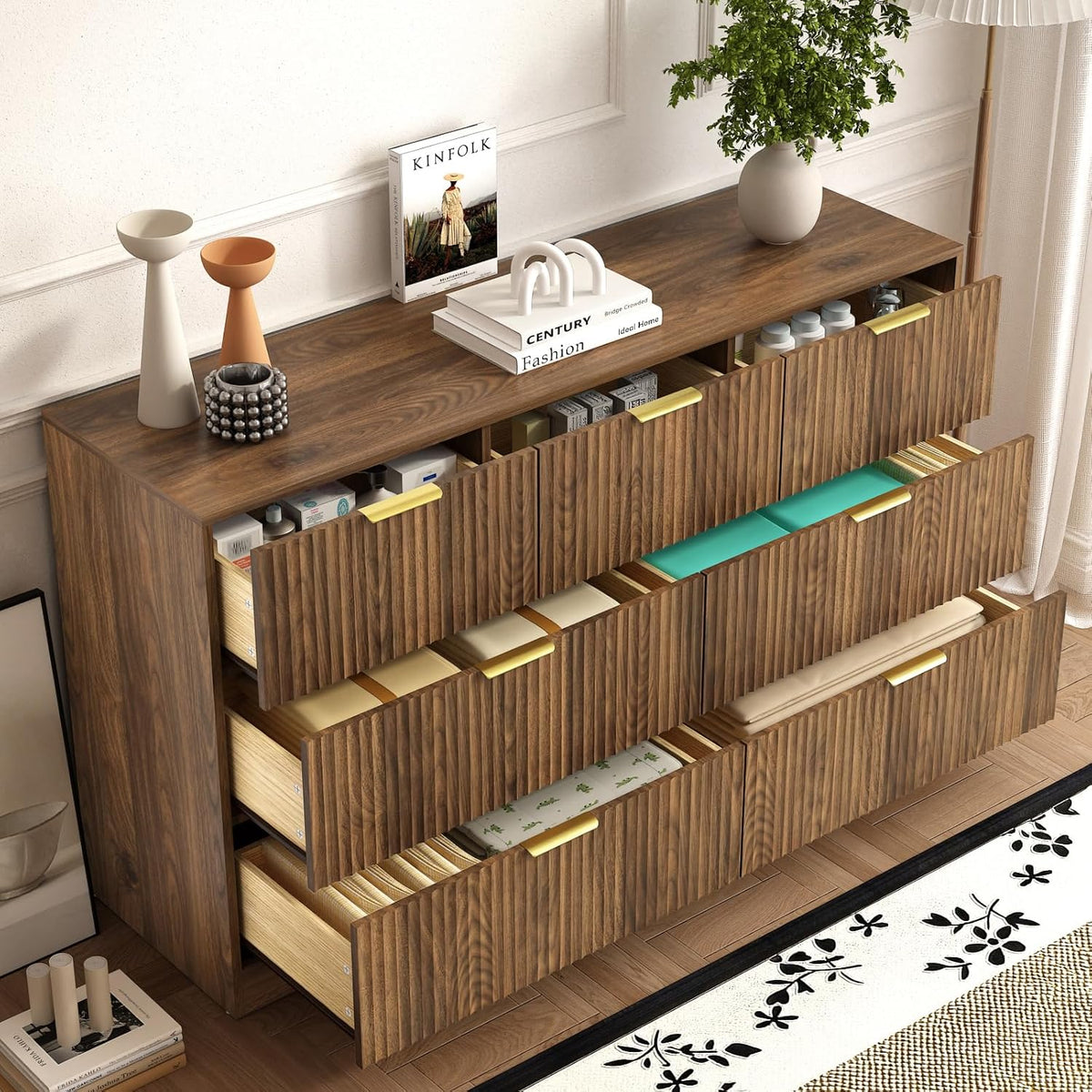 7 Drawer Fluted Dresser with Deep Drawers for Bedroom, Walnut丨55 Wide Mid Century Dresser, Modern Chest of Drawers, Wood TV Stand Storage Organizer for Closet, Living Room, Hallway