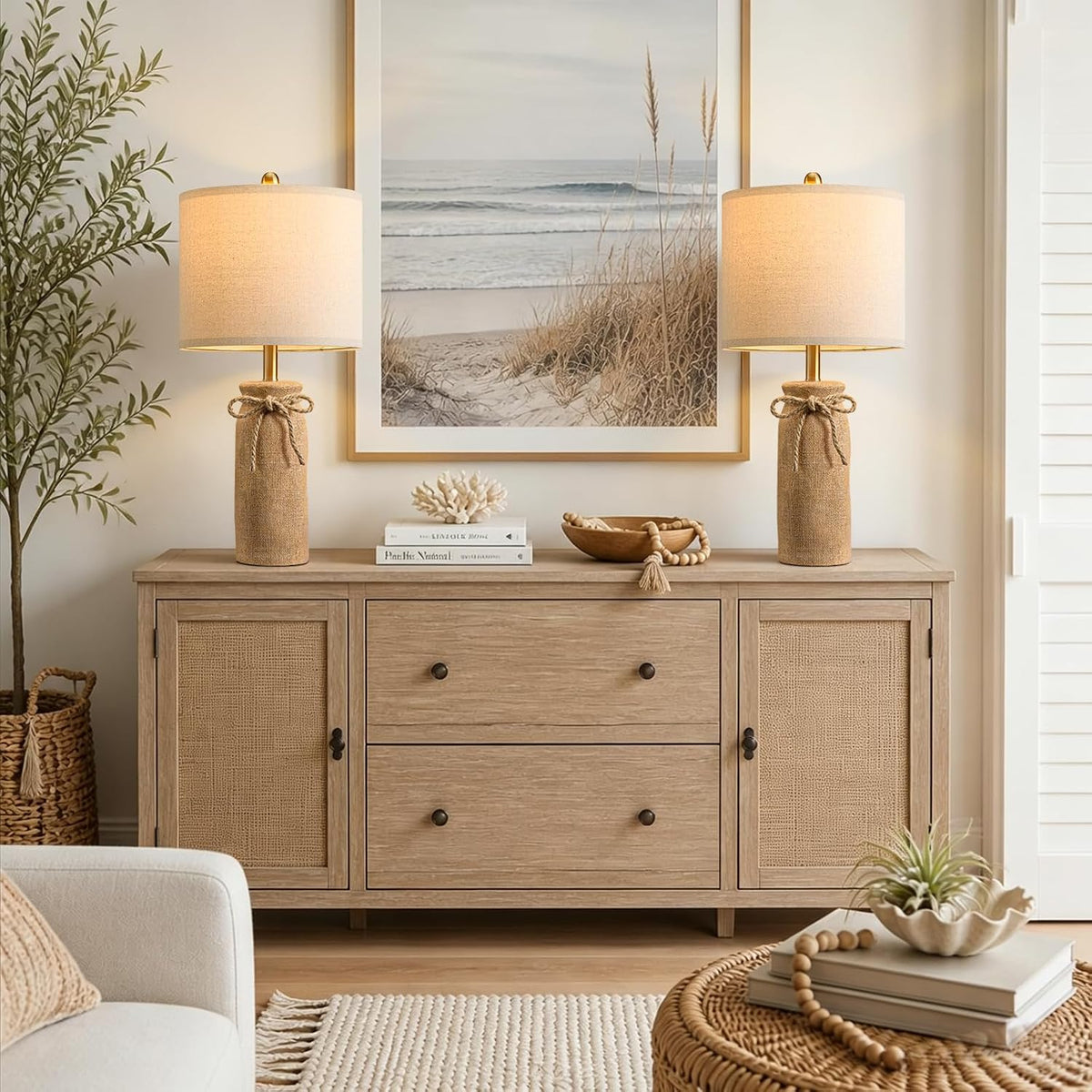 BOBOMOMO Boho Table Lamps for Living Room Set of 2, 25.5" Coastal Farmhouse Bedside Table Lamps for Nightstands, Resin Woven Rattan-Look Lamps for Bedroom, Entry Way, Rustic Home Decor