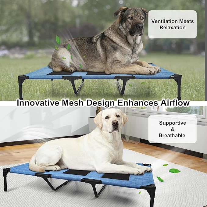 Raised Dog Bed Cooling Cot for Indoor Outdoor Use Portable Waterproof Mesh Pet Bed Washable for Large Medium Small Dogs, Blue