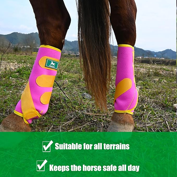 Equine Sport Horse Boots Set of 4 – Neoprene Leg Protection with Durable Hook & Loop Straps, Breathable & Comfortable Fit for Training, Riding, and Performance（Pink, Medium）