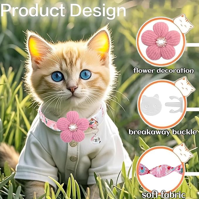Cat Collar, HYQHYX Breakaway Kitten Collar with Flower,Rhinestone Kitty Collar with Bell, Floral Pet Collar with Safety Buckle for Cats and Puppy Dog (Pink + Purple)
