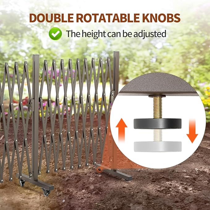 TECSPACE Aluminum Expandable Garden Fence, Portable Barricade Gate with Casters, Adjustable Retractable Fence Mobile Barricade Safety Barrier (Brown, 201×15×41 inch)