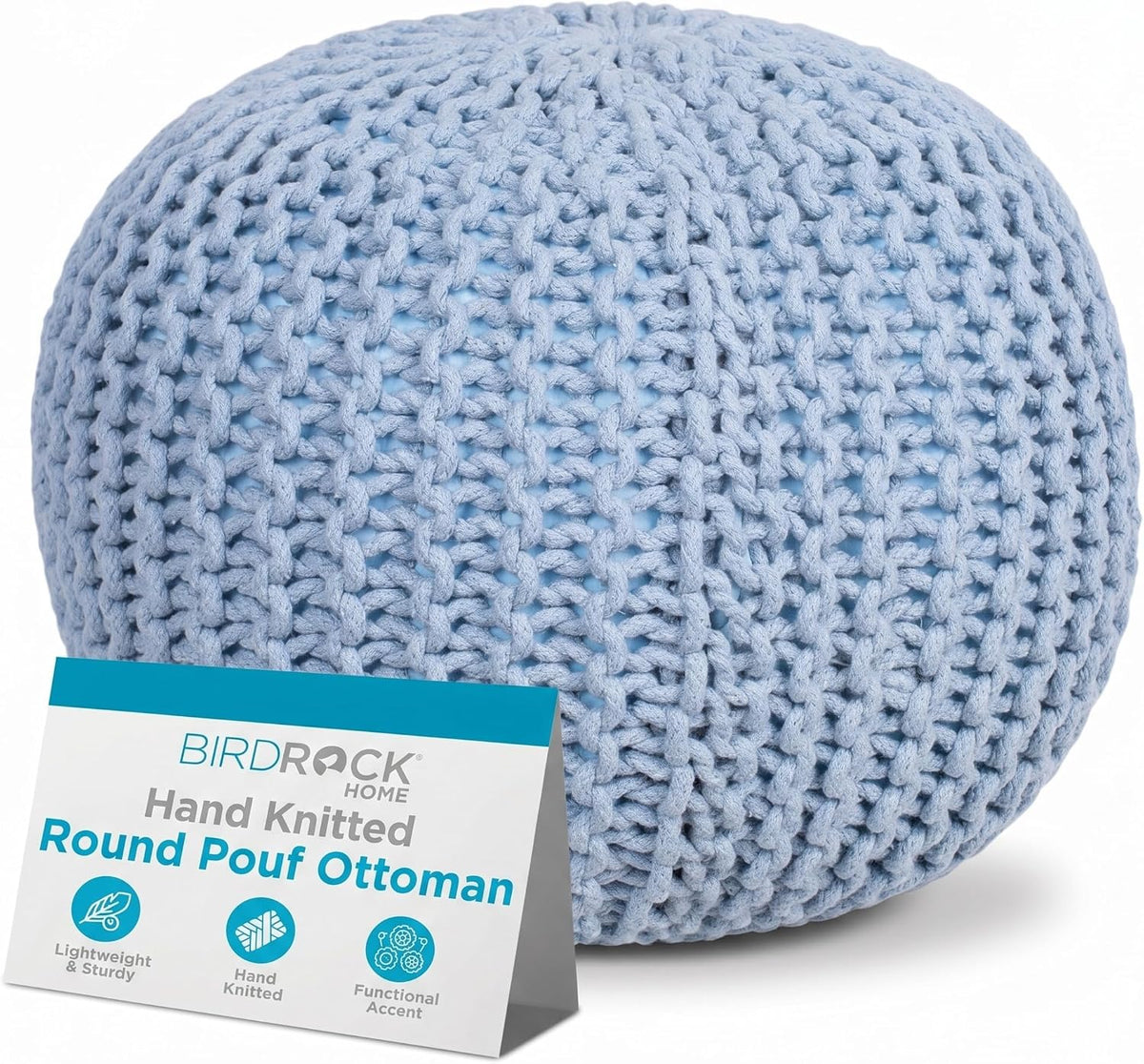 BIRDROCK HOME Round Pouf Ottoman Foot Rest, Soft Blue, 18.5”x18.5”x15”
