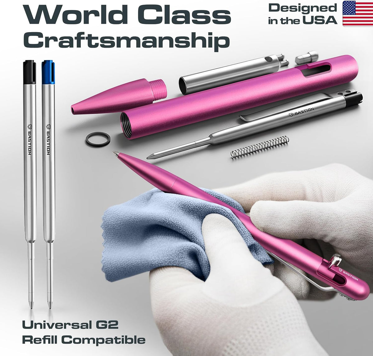 BASTION Slim Aluminum Bolt Action Pen, Stylish Pens for Women, Pink EDC