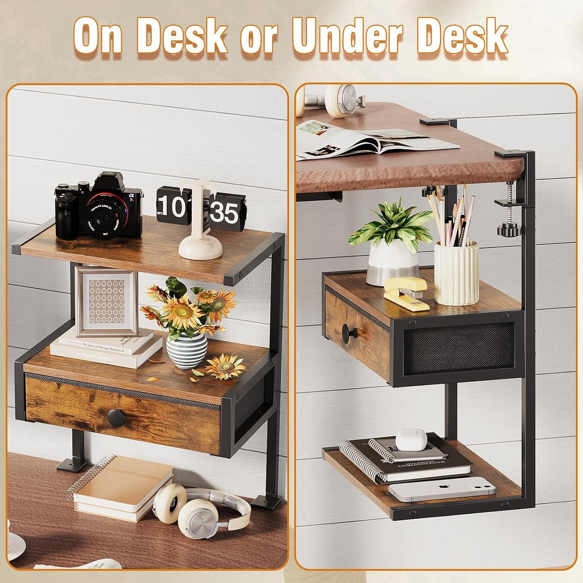VENNQD Clamp On Desk Shelf, 2-Tier Desktop Organizer, Wood Desktop Supplies Tabletop Book Storage Rack with Adjustable Shelves for Table Working and Gaming Accessories, Rustic Brown