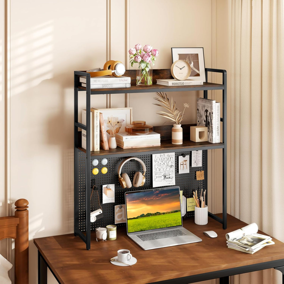 GIANTEX Desktop Bookshelf, 2-Tier Desk Hutch Dorm with Pegboard for up to 32" Computer Monitor, Industrial Countertop Storage Organizer Rack, Desk Shelf for Home Office, Rustic Brown