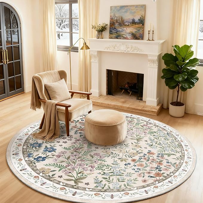 Washable Round Rugs for Bedroom 4ft: Living Room Rug Stain Resistant Non Slip