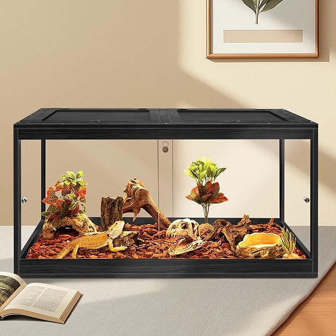 Prolee Tempered Glass Bearded Dragon Tank 28 Gallon,Reptile Encloure and Snake Tank with Metal Mesh Roof Door,Locking Design Reptile Tank for Lizard,Gecko,Chameleon (Black, 63 Gallon (40x20x20 Inch))