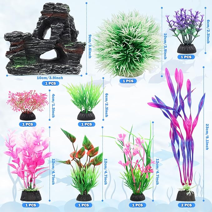 Fish Tank Accessories, Aquarium Fish Tank Plastic Plants and Cave Rock Decorations Set 10 Pieces, Small and Large Artificial Aquarium Plants with Cave Rock