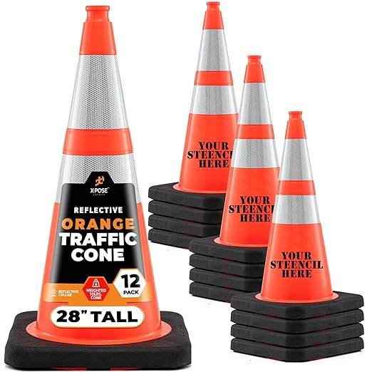 Xpose Safety 28 Inch Orange Traffic Cones Heavy Duty 10lb with 6" & 4" Collars, 12 Pack - Multipurpose PVC Plastic Safety Cone for Parking, Soccer, Caution, Kids and Construction - DOT Approved