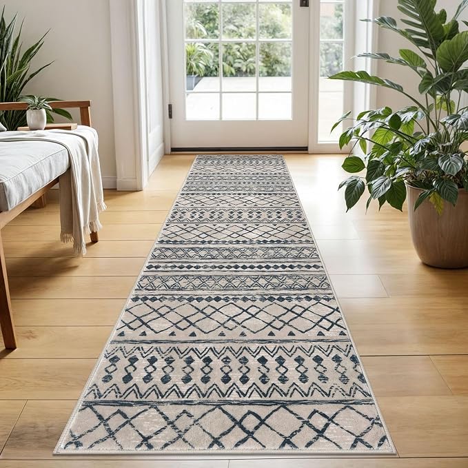 KUTA Boho Kitchen Rug 2x5 Light Brown Black Moroccan Washable Runner Rug