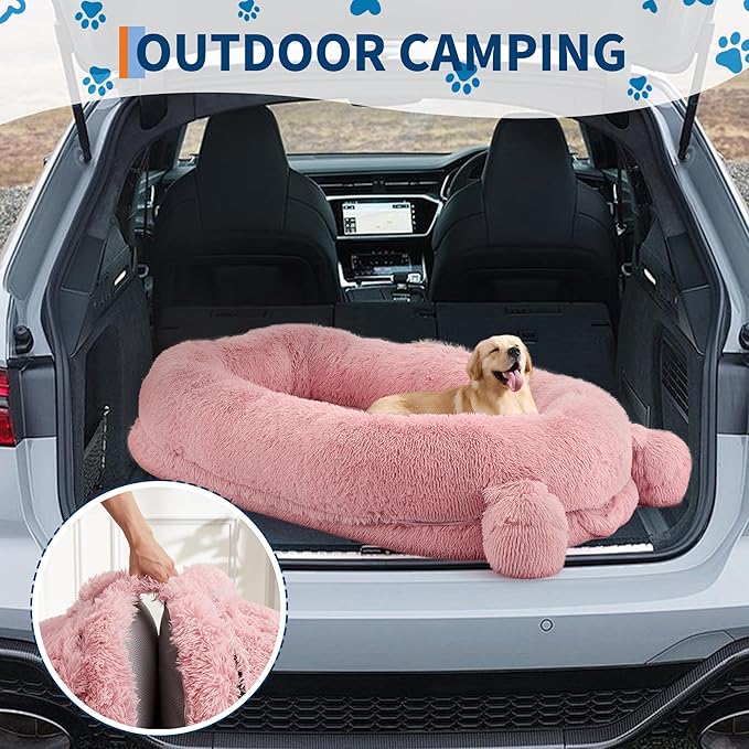 GarveeHome Human Sized Dog Bed, 71" x 45" x 12" Large Dog Bed with 2 Storage Pockets, Fluffy Faux Fur Orthopedic Pet Bean Bed for Adults & Giant Pets - Pink