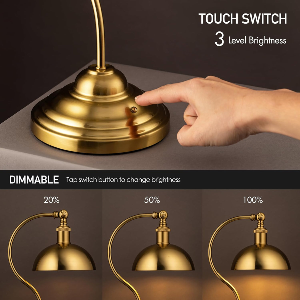 O'Bright Bankers - Cordless LED Table Lamp, Battery-Operated, Rechargeable, 3-Level Dimming, Universal USB-C Charging, 180° Swivel Head, Luxury Metal Shade, Antique Brass
