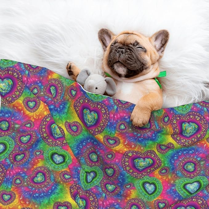 Dog and Cat Blanket in One, Tie Dye Psychedelic Purple Love Heart, Double Sided Plush Throw with Raised Dot Pattern on One Side and Flat Velvet on Other for Variety