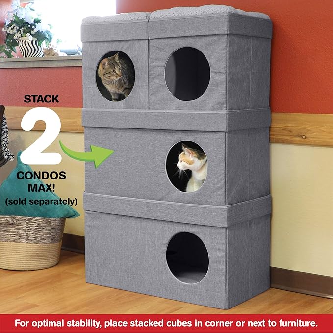 Kitty City Large Stackable Cat Condo & Cube House, Modular Indoor Cat Furniture with Plush Washable Beds, Collapsible Cat Cave & Lounging Ottoman, Grey