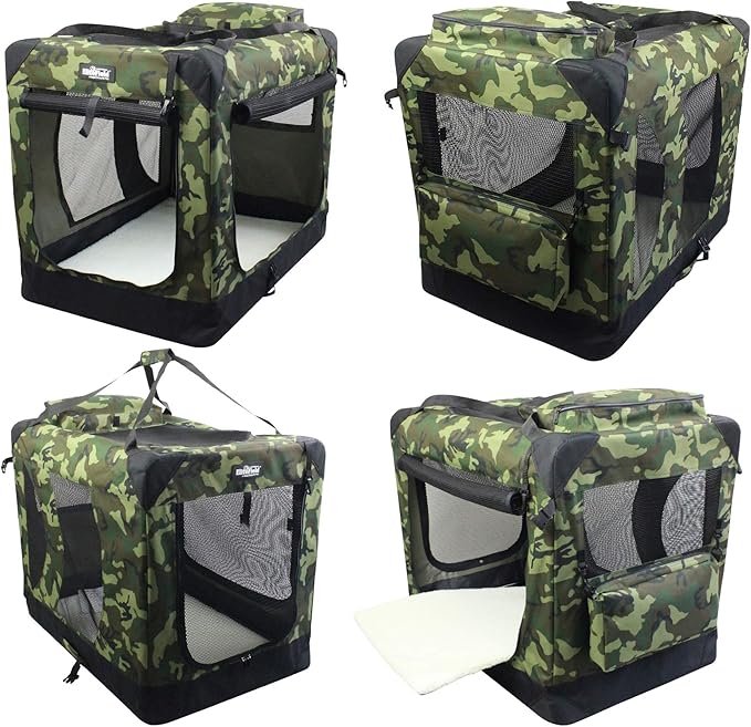 EliteField 3-Door Folding Soft Dog Crate with Carrying Bag and Fleece Bed (2 Year Warranty), Indoor & Outdoor Pet Home (42" L x 28" W x 32" H, Camo)