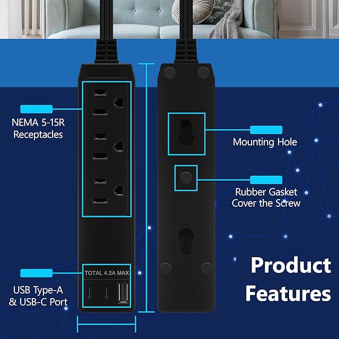 LIDER Outlet Extender with 3 Receptacles, USB Type-A and 2 USB Type-C Port, Ultra-Thin Flat-Plug with Cord Extender, 3-Outlet Power Strip, Slim Angled Design, UL-Listed, 5ft Cord, Black