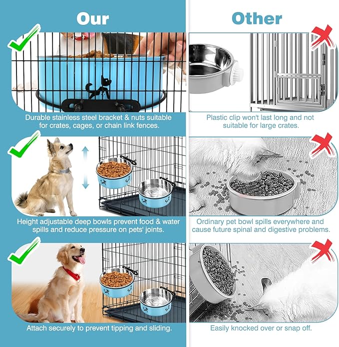 Dog Crate Bowls Hanging No Spill, 2 Pack Dog Crate Water Bowl, Kennel Food Bowls Mountable for Crates, Large Stainless Steel Pet Cage Accessories Feeder Coop Cup Dish for Puppy Bunny Guinea Pig Ferret