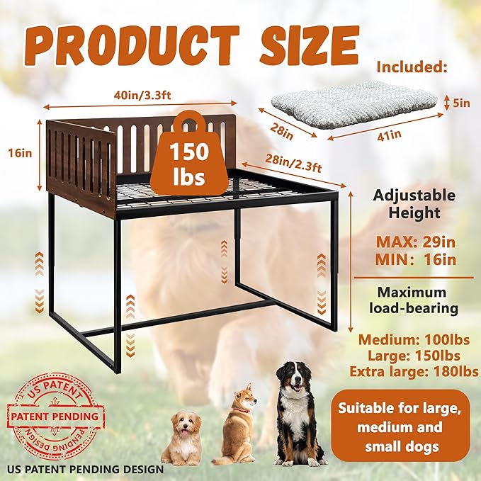 Beside Dog Bed,2 Panel Adjustable Height Dog Bunk Beds,40''x28'' Metal Dogs Bed Frame with Cushion,Large