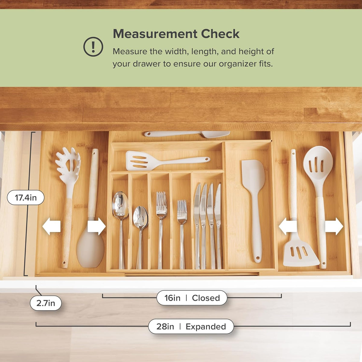 KitchenEdge Silverware & Utensil Drawer Organizer, 16-28 in, Bamboo