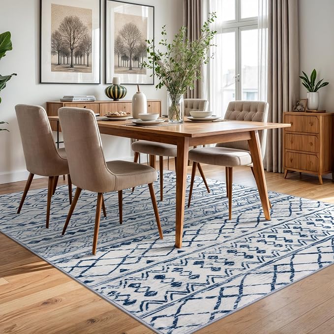 KUTA Area Rug 5x7, Moroccan Large Blue White Rugs Washable Boho Non-Slip