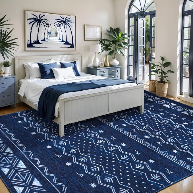 SERISSA 5x7 Area Rugs for Living Room, Washable Non-Slip Blue and White Boho Rug