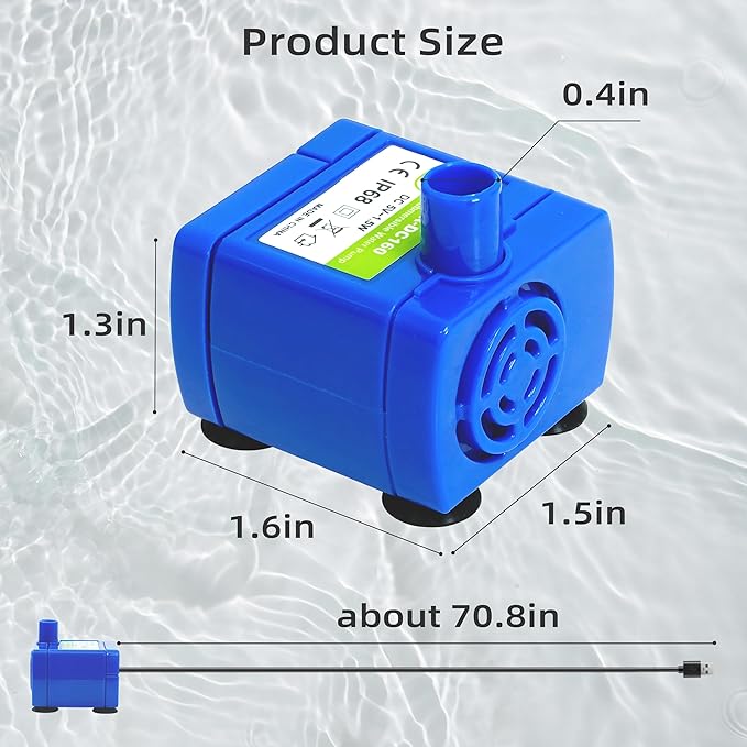 IP68 DR-DC160 Submersible Water Pump Cat Water Fountain Pump for Tritone Ceramic, Stainless Steel, Round Flower Cap Cat Fountains, Automatic Pet Water Dispenser Replacement Pump (with LED & Brush)