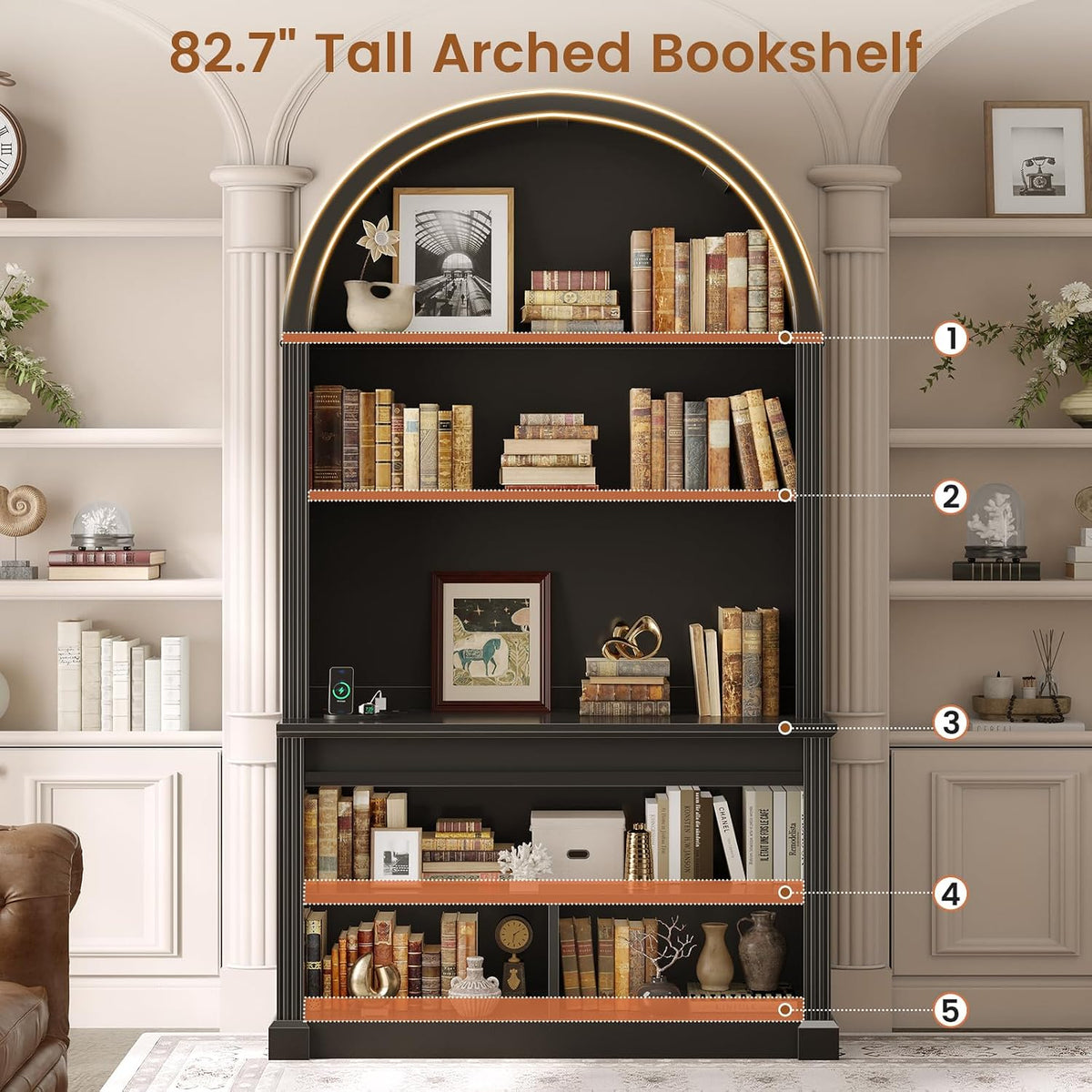 SEDETA 67" L Shaped Desk with Tall Arched Bookshelf & 3 Drawers Storage