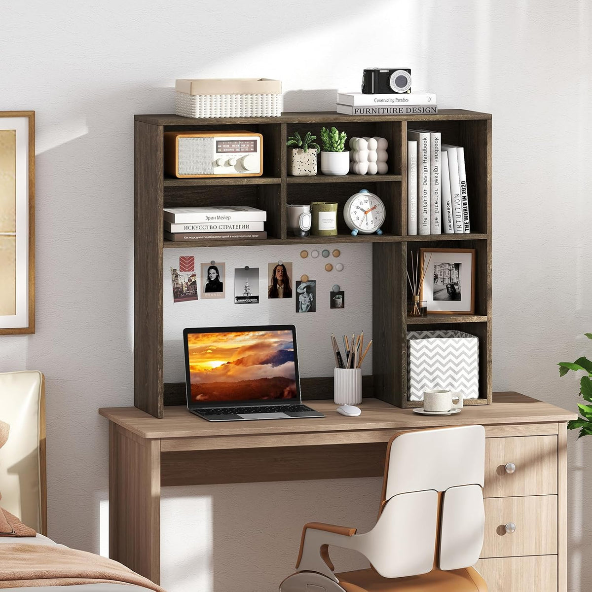 GOFLAME 7 Cubes Desktop Bookshelf, 37” Desk Organizer Shelf with 3 Adjustable Shelves, 3-Tier Wood Countertop Display Rack, Multipurpose Tabletop Desk Hutch for Dorm, Home Office, Gray