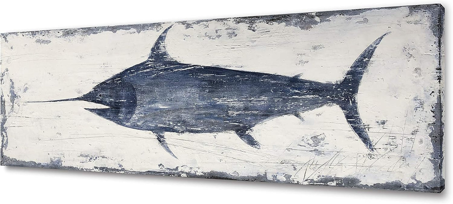 Yihui Arts Indigo Blue Swordfish Canvas Wall Art Painting Pictures for Living Room Bedroom Bathroom Decor