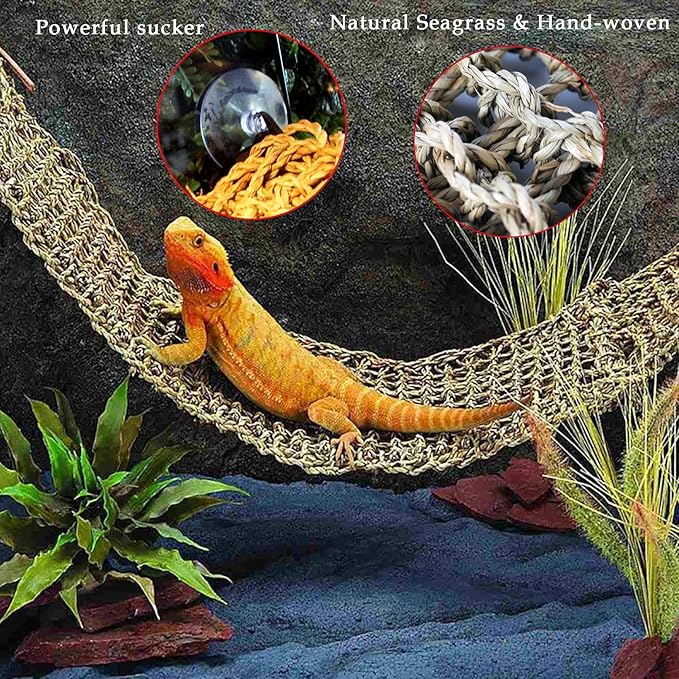 kathson Bearded Dragon Hammock Reptile Hideout Wooden Bridge Jungle Climber Vines Flexible Reptile Leaves with Suction Cups Reptile Habitat Decor for Chameleon, Lizards, Gecko, Snakes Climbing Hiding