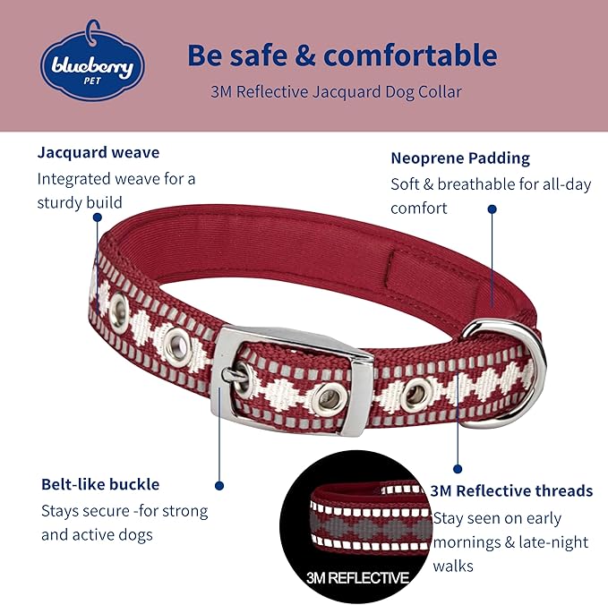 Blueberry Pet Reflective Jacquard Dog Collar with Neoprene Padding & Metal Buckle | Soft & Adjustable Safety Collar - Marsala Red, Neck 13-16.5", for Medium Breed
