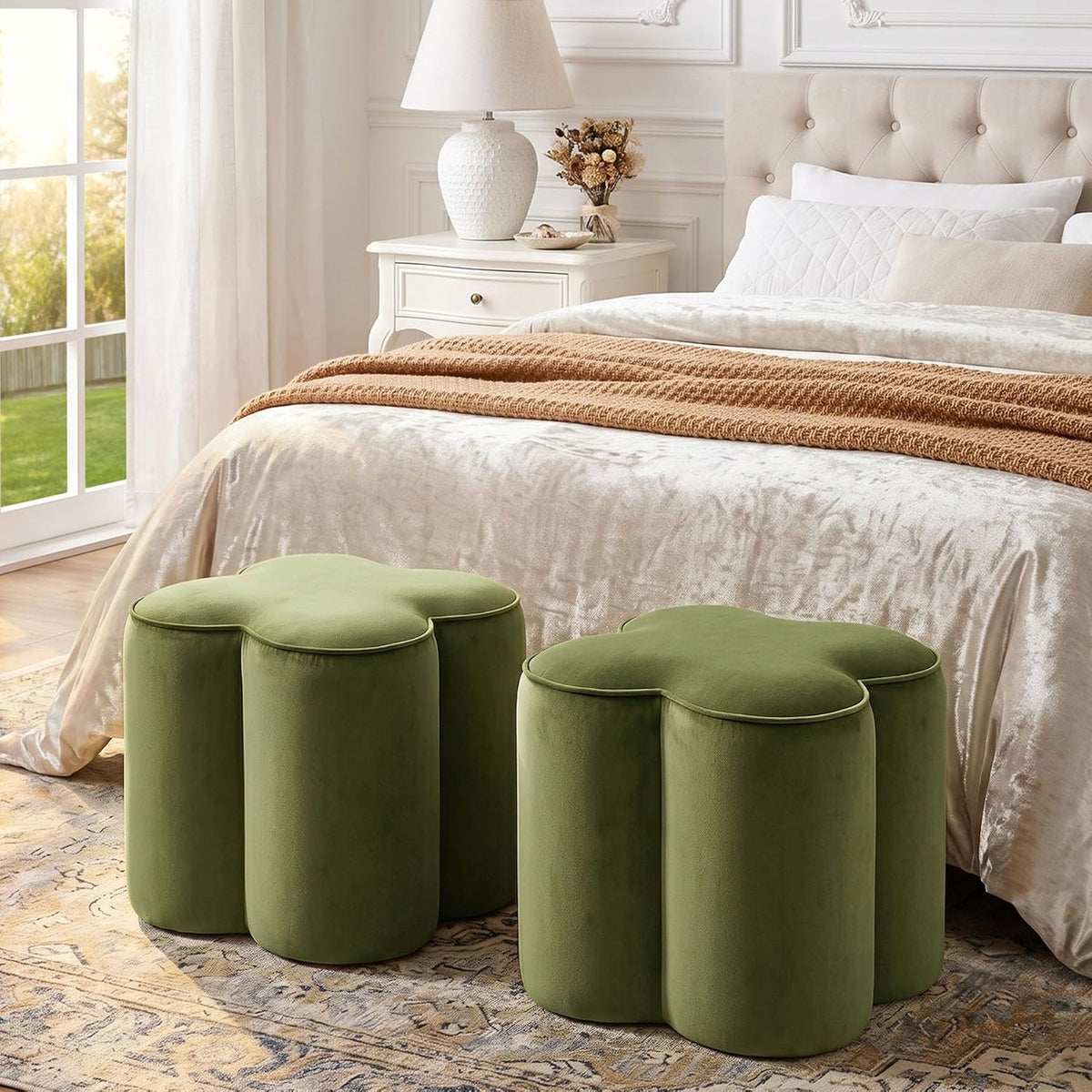 Olive Green Velvet Ottoman Set of 2, Modern Small Vanity Stool