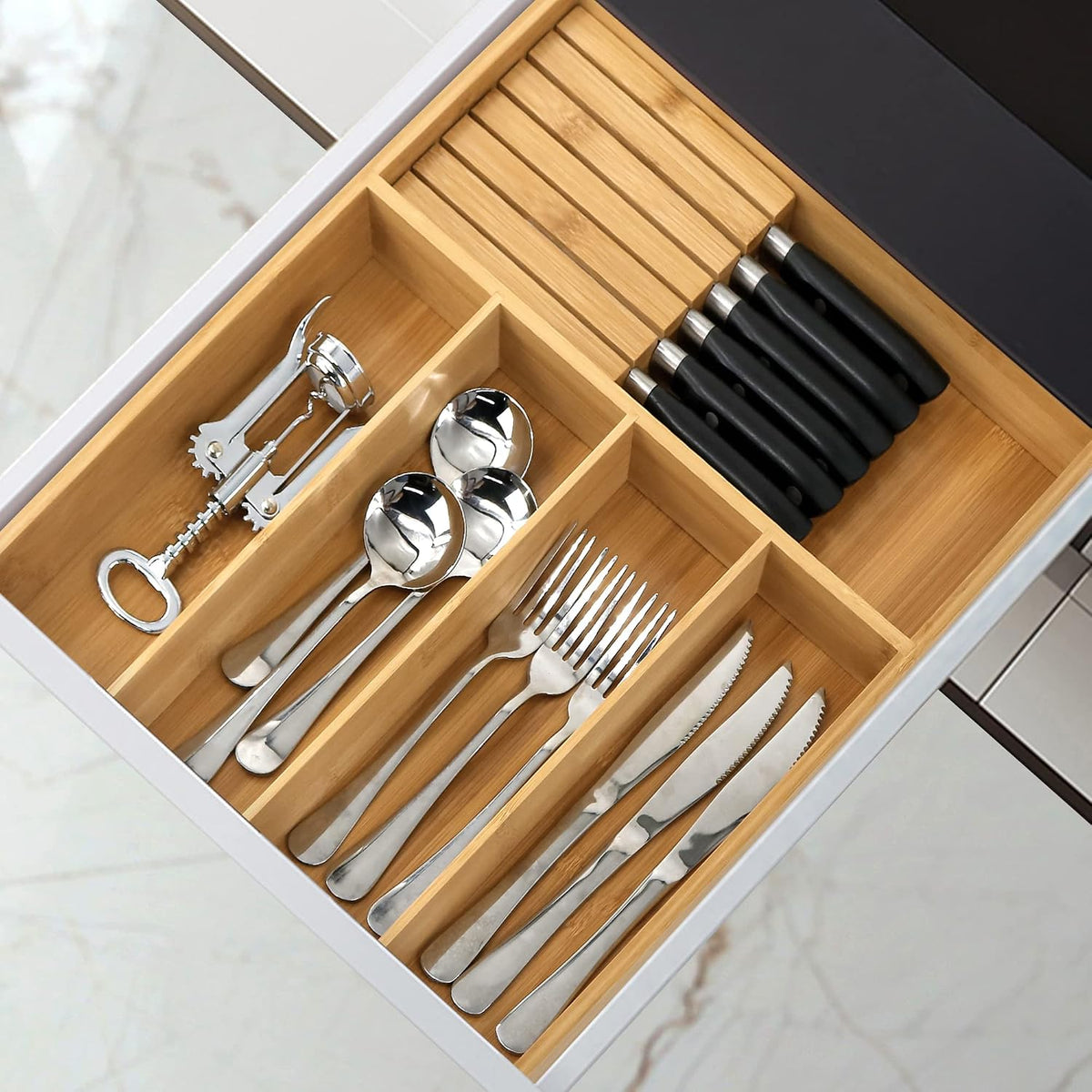 VaeFae Bamboo Silverware Drawer Organizer, 5 Slots, Natural