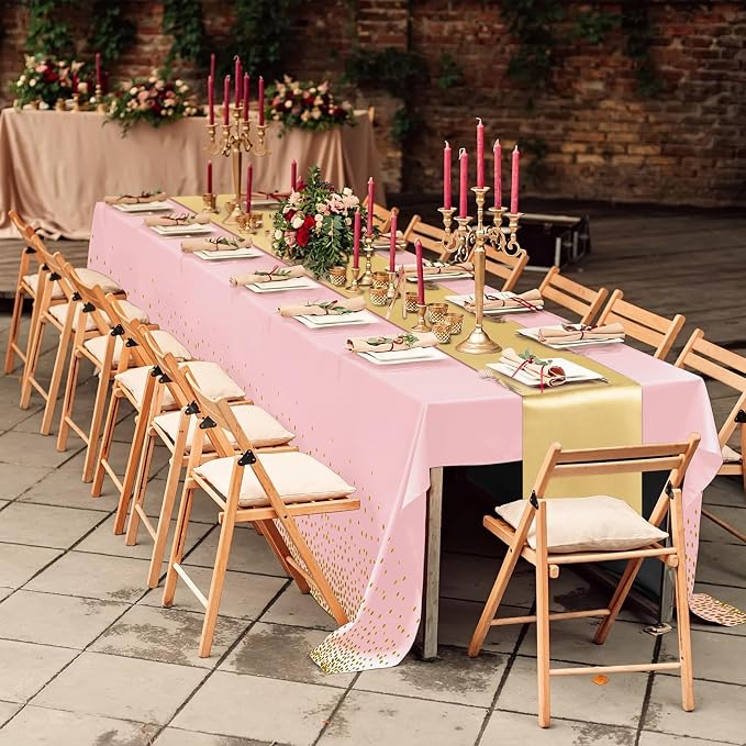 24 Pack Pink and Gold Disposable Plastic Tablecloths and Satin Table Runner Set