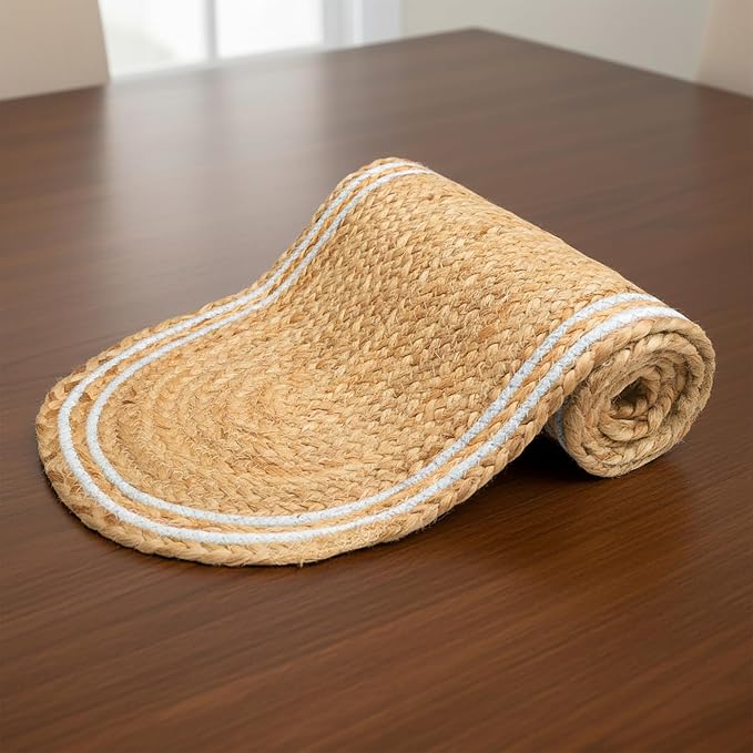 Encasa XO Handwoven Jute Table Runner, Center Table 12"x54" Off White & Jute