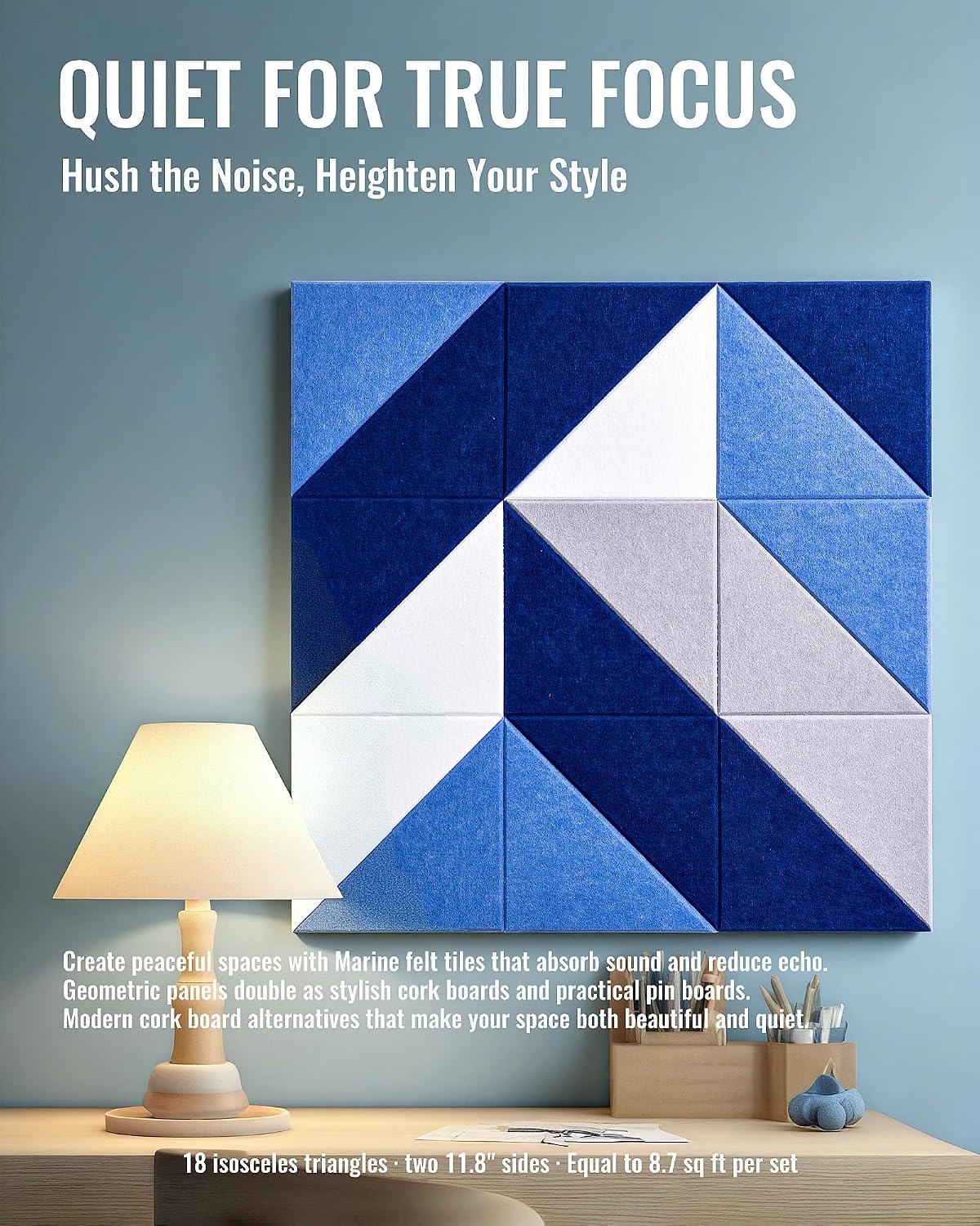Triangular Felt Wall Tiles for Bulletin Boards, Marine, 18 Pack