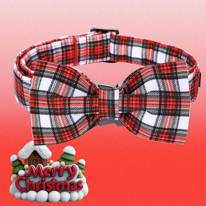 Christmas Dog Collar, Red Plaid Cotton Collars with Bow Adjustable Pet Collar Premium Metal Buckle, Christmas Puppy Necklace for X-Large Girl and Boy Dogs