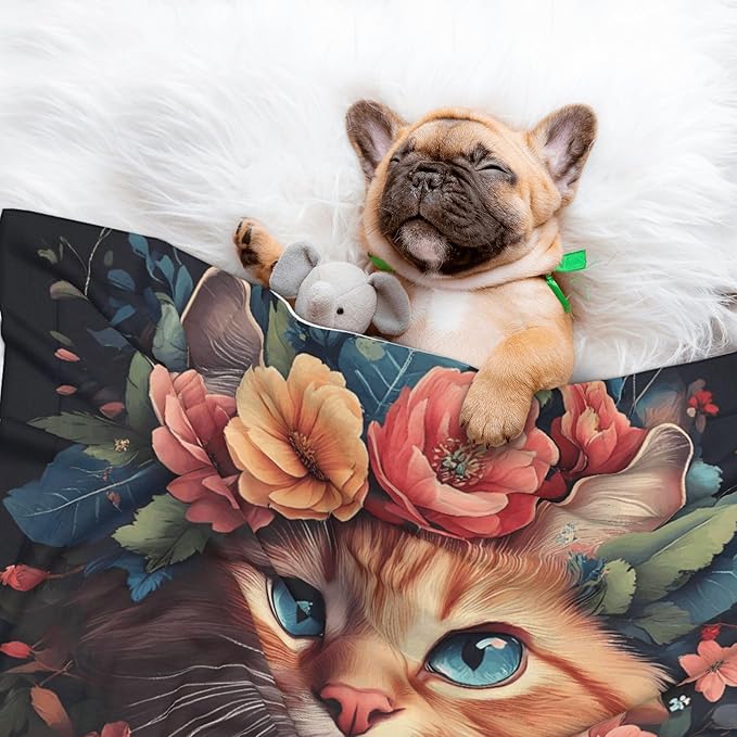 Waterproof Dog Blanket Soft Pet Blanket for Puppy, Fleece Cat Throw Blankets for Furniture Bed Couch Sofa Reversible - Flower Crown Cat
