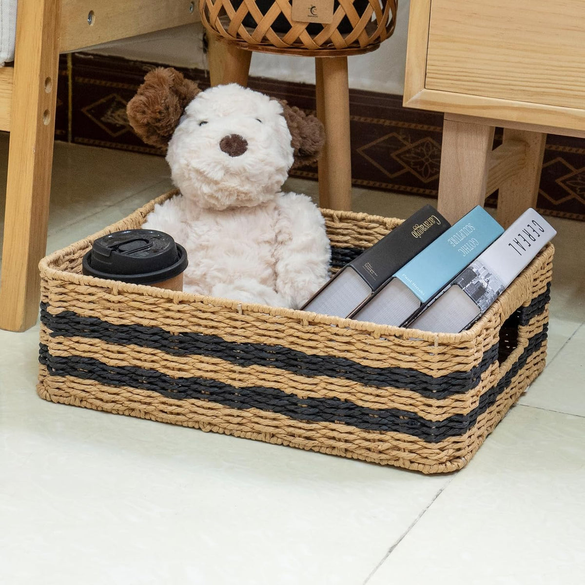 Handwoven Paper Rope Storage Basket, Rectangular Wicker Organizer