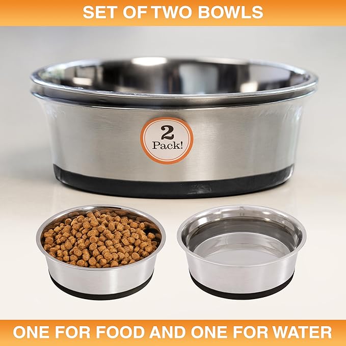 Neater Pet Brands Stainless Steel Dog Bowls with Non-Slip Rubber Bottom – Set of 2, 4 Cup (32 oz), Black - Heavy Duty Metal Dog Bowl, Dishwasher Safe, Food or Water Bowl, Ideal for Medium Dogs