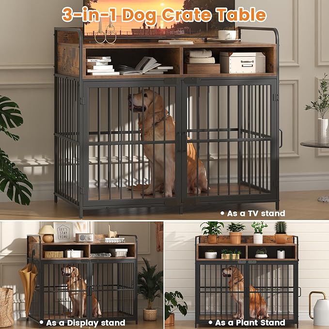 Large Furniture Dog Crate, Dog Kennel Indoor, Wood Dog Cage Table with Drawers Storage, Heavy Duty Dog Crate, Jaula para Perros, Sturdy Metal, 40.5" L×23.6" W×35.4" H, Rustic Brwon