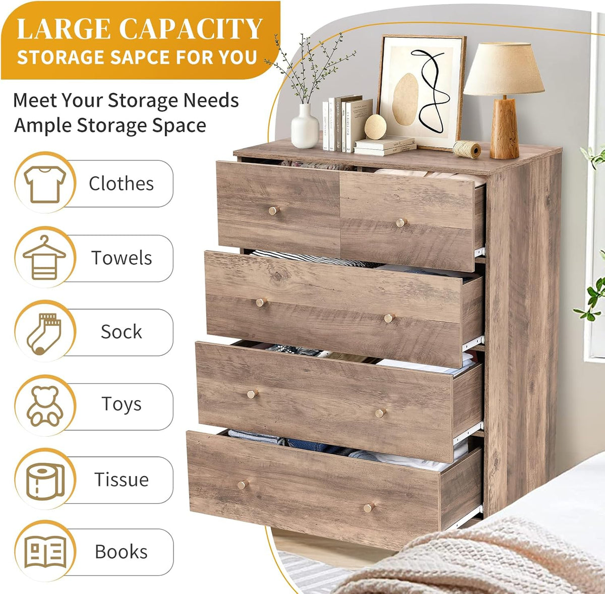 Karl home Grey 5 Drawer Dresser, Wood Chest with Rose Gold Handle
