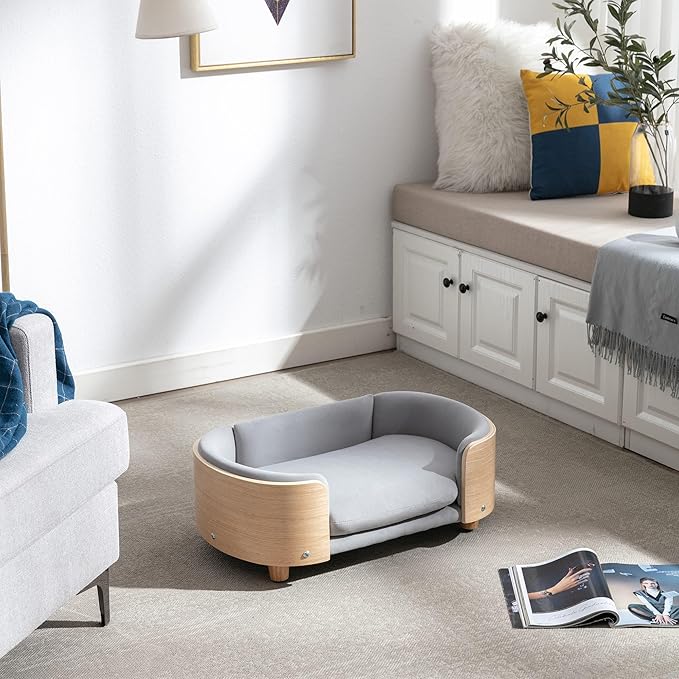 Scandinavian Style Elevated Dog Bed Pet Sofa with Solid Wood Legs and Bent Wood Back, Velvet Cushion, Small Size, Natural Frame & Light Grey Cushion
