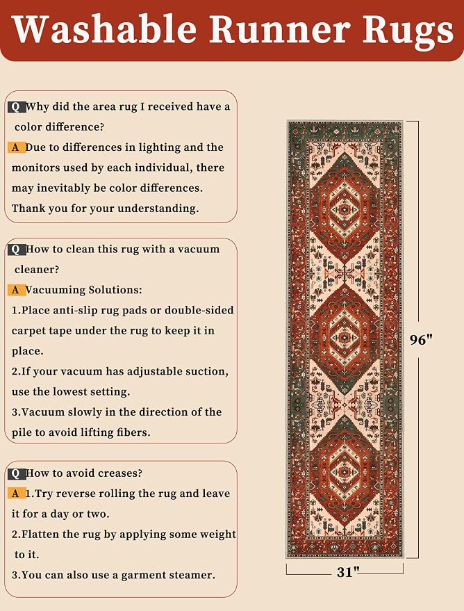 SERISSA Runner Rug for Hallways, Long Boho Rug Vintage Terracotta Green Hallway