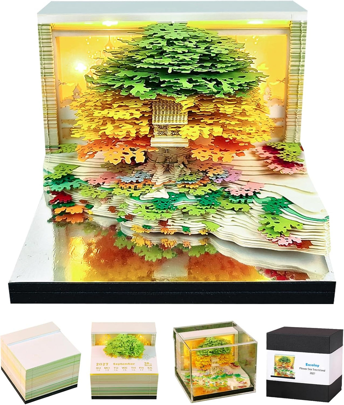 3D Calendar 2027,Tear-Away Time Piece Calendar 3D Memo Pad,Flower Sea Tree Island 3D Art Desk Calendar with Lights