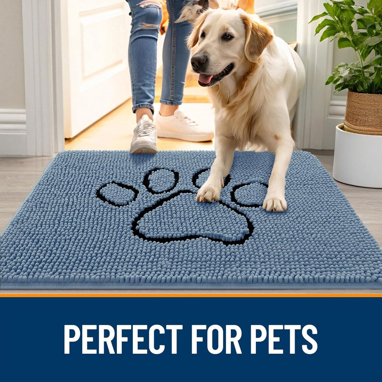 OLANLY Door Mat for Muddy Dog Paws 36x24, Absorbent Chenille Doormat with Paw Print Design, Non-Slip Washable Doormat for Indoor Entryway, Quick-Dry Pet Bed Mats for Dirty Dogs, Airy Blue and Black