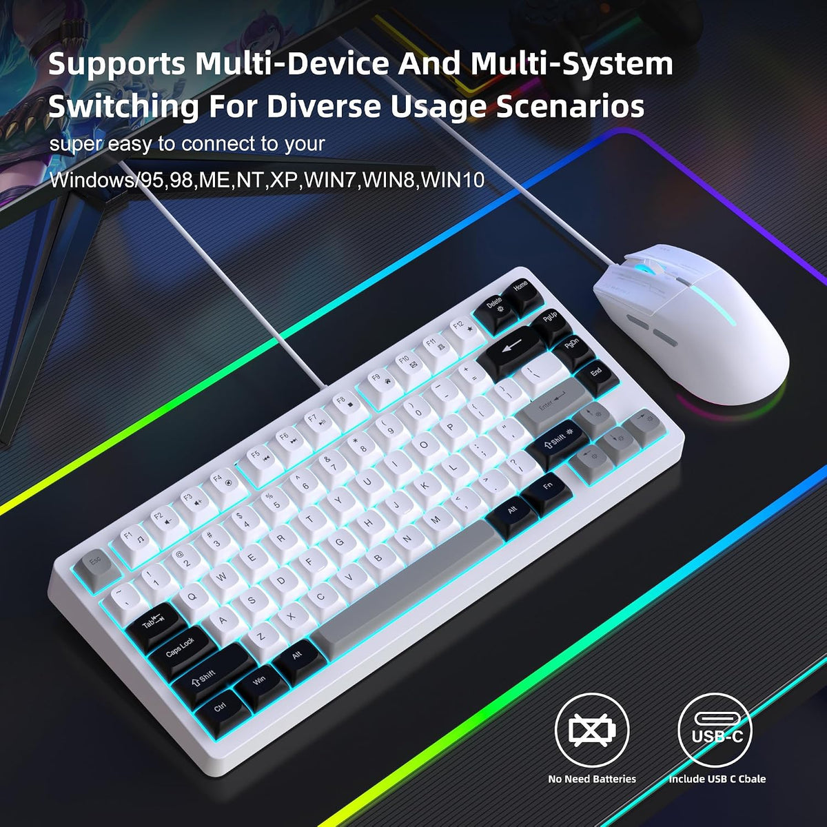 Snpurdiri 75% Wired Gaming Keyboard and Mouse Combo (Black Grey White)