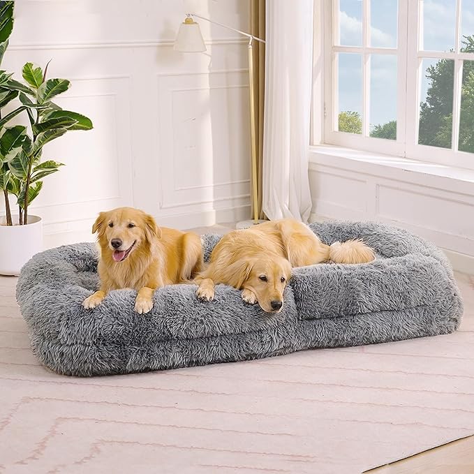 Gray Foldable Human Dog Bed - 69"x35"x12" Fits You & Pets with Comfy Pillow, Washable Faux Fur, Oversized Lounger Lazy Sofa Beds with 5 Adjustable Position